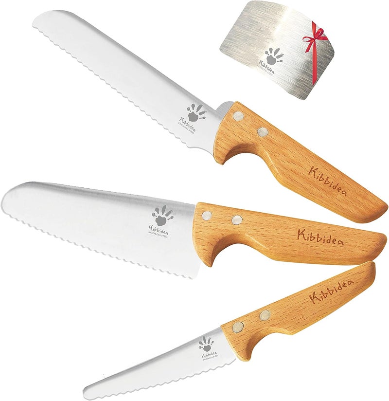 Kibbidea Kids Knife Set for Real Cooking Safe, 4pcs Kids Beginners Kitchen Knives for Cutting Chopping, Food-grade Stainless Steel Blades, Metal Children First Starter knife, BPA-free Tool (Silver) - Image 1